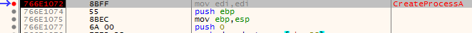 Breakpoint on CreateProcessA